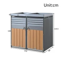 Bin Storage Unit with Built-In Planter and Louvred Ventilation, Double Bin Storage Shed with Galvanised Steel Frame, 132L x 80W x 124.5H cm, Grey+Wood(m-3)