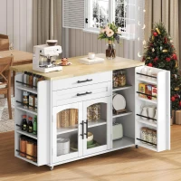 Mobile Kitchen Island Trolley with Lockable 360° Wheels, Glass-Door Storage Cabinet with Adjustable Shelves, 138L x 70W x 90H cm, White(m-1)