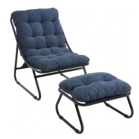Sillón lounge de exterior con otomana, cojín acolchado, tejido sling, estructura de acero, Azul marino