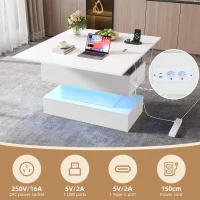 Multifunctional White Coffee Table with Integral Power Outlet, Modern Center Table with App-Controlled LED Light, 100L x 50W x 51.5H cm, White(m-4)