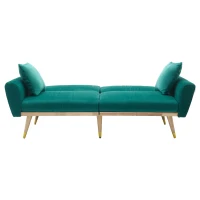 Convertible Futon Sofa Bed with 3-Position Adjustable Backrest, Modern Fleece Loveseat with Solid Wood Legs, 197.5L x 86W x 60H cm, Green(m-16)