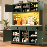 Large Freestanding Storage Cabinet with Adjustable Shelves, Tall Kitchen Cupboard with Colour-Changing Lighting, 120L x 40W x 180H cm, Antique Green(m-7)