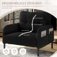 Corduroy Single-Seater Armchair with High-Density Foam Cushion, Ergonomic Wide Seat with Double Side Storage Pockets, 67L x 75W x 79H cm, Black(m-4)