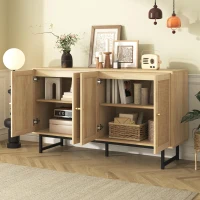 Aparador com rattan trançado, 4 portas, prateleiras ajustáveis, pés metálicos, 140x39,5x80 cm, Cor natural(m-4)