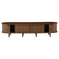 Rattan TV Stand with Sliding Doors and 8 Solid Wood Legs, Oak TV Cabinet with Rounded Corner, 170L x 40W x 40H cm, Oak(m-15)