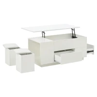 Lift-Top Coffee Table with App-Controlled LED and Soft-Close Drawers, Sleek White Center Table with 2 Storage Ottomans, 100L x 50W x 45H cm, White(m-14)