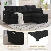 Stylish Sectional Sleeper Sofa with Reversible Storage Chaise, 3-In-1 L-Shaped Sofa with Corduroy Upholstery, 206L x 130W x 88H cm, Black(m-7)