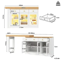 Extendable Kitchen Island with Multicolour RGB LED Lighting, Modern Dining Table with 3 Deep Drawers, 120L x 40W x 75.5H cm, White(m-3)