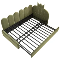 Upholstered Daybed with Pull-Out Trundle and Lattice Detail, Crown-Headboard Kids Bed with Metal Slatted Frame, 194L x 98W x 95H cm, Green(m-14)