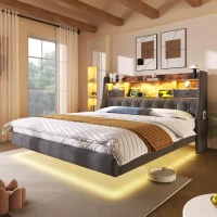 Upholstered Double Floating Bed with LED Mood Lighting, Low-Profile Floating Bed Frame with Storage Headboard, 202L x 142W x 114H cm, Grey(m-9)