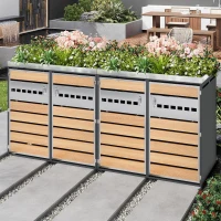 4-Compartment Outdoor Bin Enclosure with Integrated Planter, Planter-Top Quad Bin Storage with Lockable Doors, 264L x 80W x 124.5H cm, Grey+Wood(m-5)