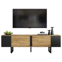 Natural-Wood TV Cabinet with Open Shelves and Soft-Close Doors, Stylish TV Stand with Durable Chipboard Construction, 180L x 40W x 55H cm, Natural(m-2)