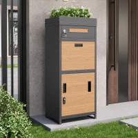 Parcel Mailbox with Integrated Planter and Letter Storage, Anti-Theft Parcel Delivery Box with Viewing Window, 50L x 37W x 118.5H cm, Grey+Wood(m-1)