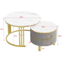 2-In-1 Round Coffee Table Set with High-Gloss Tops, Space-Saving Center Table Set with 2 Drawers, 70L x 70W x 46H cm, White+Gray(m-3)