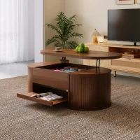 Lift-Top Coffee Table with Wooden Sides and Extendable Lower Shelf, Height-Adjustable Center Table with Ample Storage, 110L x 55.5W x 40H cm, Wood(m-5)
