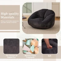 Shell-Shaped Bean Bag Chair with High-Rebound Memory Foam Filling, Ergonomic Floor Lounger with Faux Fur Removable Cover, 100L x 90W x 57H cm, Black(m-5)