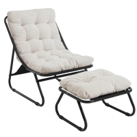Sillón lounge de exterior con otomana, cojín acolchado, tejido sling, estructura de acero, Blanco