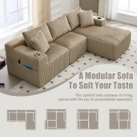 Modular L-Shaped Sectional Sofa with Deep Seat, Plush Corduroy Boneless Couch for Living Room, 257L x 160W x 80H cm, Khaki(m-4)