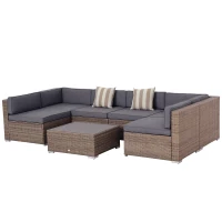 Outsunny Salotto da Giardino in Rattan da 7 Pezzi con Tavolino e Divano Modulabile con Cuscini, Grigio(m-1)