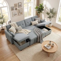 HOMCOM Ecksofa mit Schlaffunktion und Bettkasten U-Form 4-Sitzer Sofa mit Chaiselongue, verstellbarer Rückenlehne, Leinenoptik(m-9)