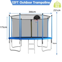 Outdoor Trampoline with Basketball Hoop and Safety Net, Heavy Duty Rebounder with Weatherproof Steel Frame, 366L x 366W x 76H cm, Blue(m-3)