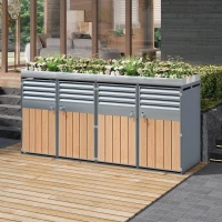 Lockable Bin Storage Unit with Integrated Planter, Lockable Trash Can Shed with Corrosion-Resistant Frame, 264L x 80W x 124.5H cm, Grey+Wood(m-5)