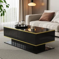 Modern LED Coffee Table with USB-Powered Colour-Changing Light Strip, Functional Center Table with 3 Drawers, 100L x 50W x 40H cm, Black(m-7)