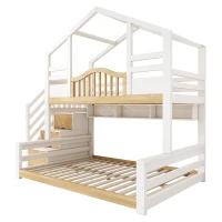 House-Shaped Bunk Bed with Staircase Storage, Space-Saving Kids Bed with Integrated Shelves, 244L x 140W x 206H cm, White+Natural(m-14)