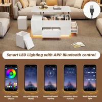Lift-Top Coffee Table with App-Controlled LED and Soft-Close Drawers, Sleek White Center Table with 2 Storage Ottomans, 100L x 50W x 45H cm, White(m-4)