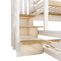 House-Shaped Bunk Bed with Staircase Storage, Space-Saving Kids Bed with Integrated Shelves, 244L x 140W x 206H cm, White+Natural(m-11)