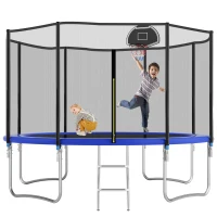 Outdoor Trampoline with Basketball Hoop and Safety Net, Heavy Duty Rebounder with Weatherproof Steel Frame, 366L x 366W x 76H cm, Blue(m-2)