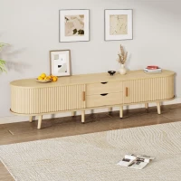 Minimalist TV Stand with Oval Top and Rounded Corners, Light Oak TV Cabinet with Solid Wood Legs, 175L x 40W x 40H cm, Oak(m-8)