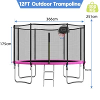 Outdoor Trampoline with Basketball Hoop and Safety Net, Heavy Duty Rebounder with Weatherproof Steel Frame, 366L x 366W x 76H cm, Pink(m-3)