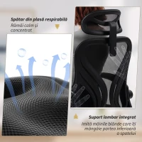 HOMCOM Scaun de Birou Ergonomic cu Brațe Rabatabile, Suport Lombar și Tetieră Reglabilă, Negru(m-5)