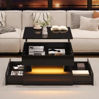 Lift-Up Coffee Table with App-Controlled LED Light Strip and Hidden Storage, Stylish Center Table with 2 Drawers, 65L x 65W x 38.5H cm, Black(m-1)