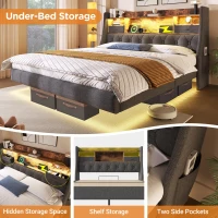 Upholstered Double Floating Bed with LED Mood Lighting, Low-Profile Floating Bed Frame with Storage Headboard, 202L x 142W x 114H cm, Grey(m-5)