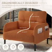 Corduroy Single-Seater Armchair with High-Density Foam Cushion, Ergonomic Wide Seat with Double Side Storage Pockets, 67L x 75W x 79H cm, Orange(m-4)