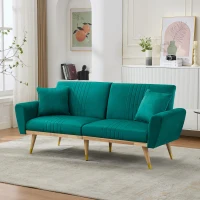 Convertible Futon Sofa Bed with 3-Position Adjustable Backrest, Modern Fleece Loveseat with Solid Wood Legs, 197.5L x 86W x 60H cm, Green(m-1)