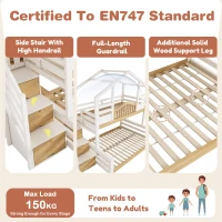 House-Shaped Bunk Bed with Staircase Storage, Space-Saving Kids Bed with Integrated Shelves, 244L x 140W x 206H cm, White+Natural(m-5)