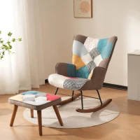 Rocking Chair and Footstool Set with Back Cushion, Quilted Patchwork Leisure Chair Solid with Wood and Iron Legs, 100L x 69.5W x 88.5H cm, Colorful(m-5)