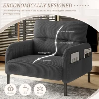 Corduroy Single-Seater Armchair with High-Density Foam Cushion, Ergonomic Wide Seat with Double Side Storage Pockets, 67L x 75W x 79H cm, Gray(m-4)