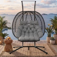 Cadeira suspensa em forma de ovo com suporte, cadeira de baloiço com apoio de pés regulável, cadeira suspensa de jardim com almofada de assento & almofado, 140x94x197 cm, Cinzento(m-4)