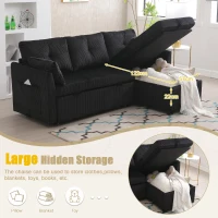 Stylish Sectional Sleeper Sofa with Reversible Storage Chaise, 3-In-1 L-Shaped Sofa with Corduroy Upholstery, 206L x 130W x 88H cm, Black(m-6)