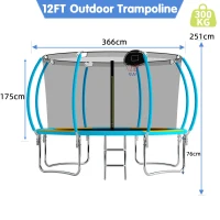 Outdoor Trampoline with Basketball Hoop and Safety Net, Heavy Duty Rebounder with Weatherproof Steel Frame, 366L x 366W x 76H cm, Blue(m-3)