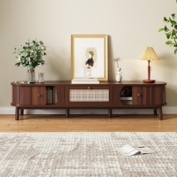 Walnut TV Cabinet with Solid Wood Doors and Handwoven Rattan Drawers, Sliding-Door TV Stand with Solid Wood Legs, 170L x 39.5W x 38H cm, Walnut