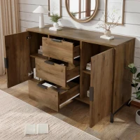 Modern Industrial Sideboard with Metal Frame and Adjustable Feet, Combo Buffet Cabinet with Height-Adjustable Shelf, 120L x 40W x 76H cm, Dark Oak(m-7)