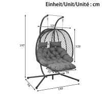 Cadeira suspensa em forma de ovo com suporte, cadeira de baloiço com apoio de pés regulável, cadeira suspensa de jardim com almofada de assento & almofado, 140x94x197 cm, Cinzento(m-3)