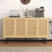 Aparador com rattan trançado, 4 portas, prateleiras ajustáveis, pés metálicos, 140x39,5x80 cm, Cor natural(m-5)