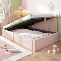Upholstered Daybed with Hydraulic Storage and Crown Headboard, Space-Saving Guest Bed with Padded Velvet Upholstery, 199L x 96W x 96H cm, Pink(m-11)