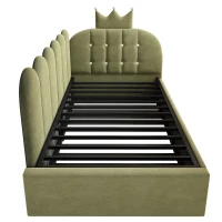 Upholstered Daybed with Pull-Out Trundle and Lattice Detail, Crown-Headboard Kids Bed with Metal Slatted Frame, 194L x 98W x 95H cm, Green(m-15)